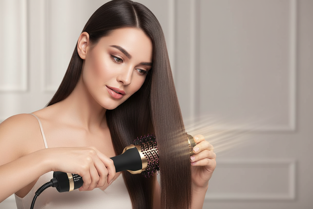 Mujer alisando cabello con cepillo